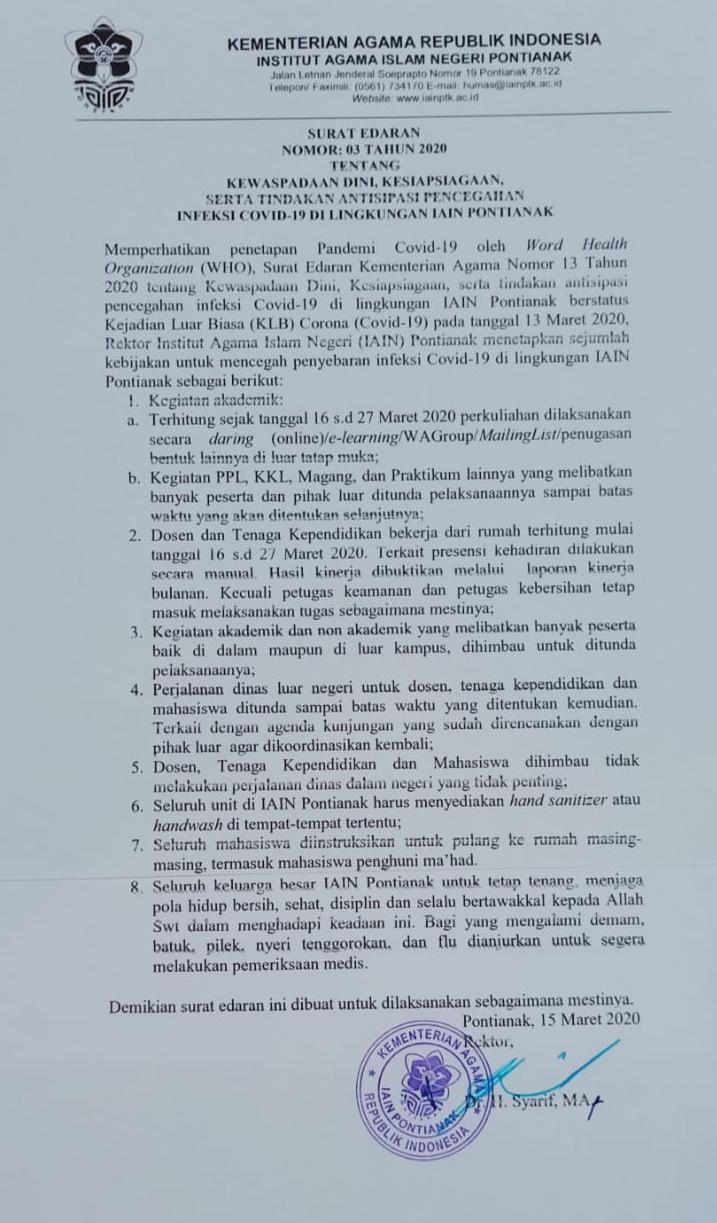 8 Kebijakan Rektor IAIN Pontianak Cegah Penyebaran Virus Corona